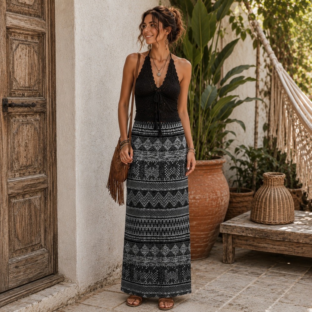 Zac & Rachel Maxi Skirt Womens L Elastic Waist Boho Western Peasant Festival